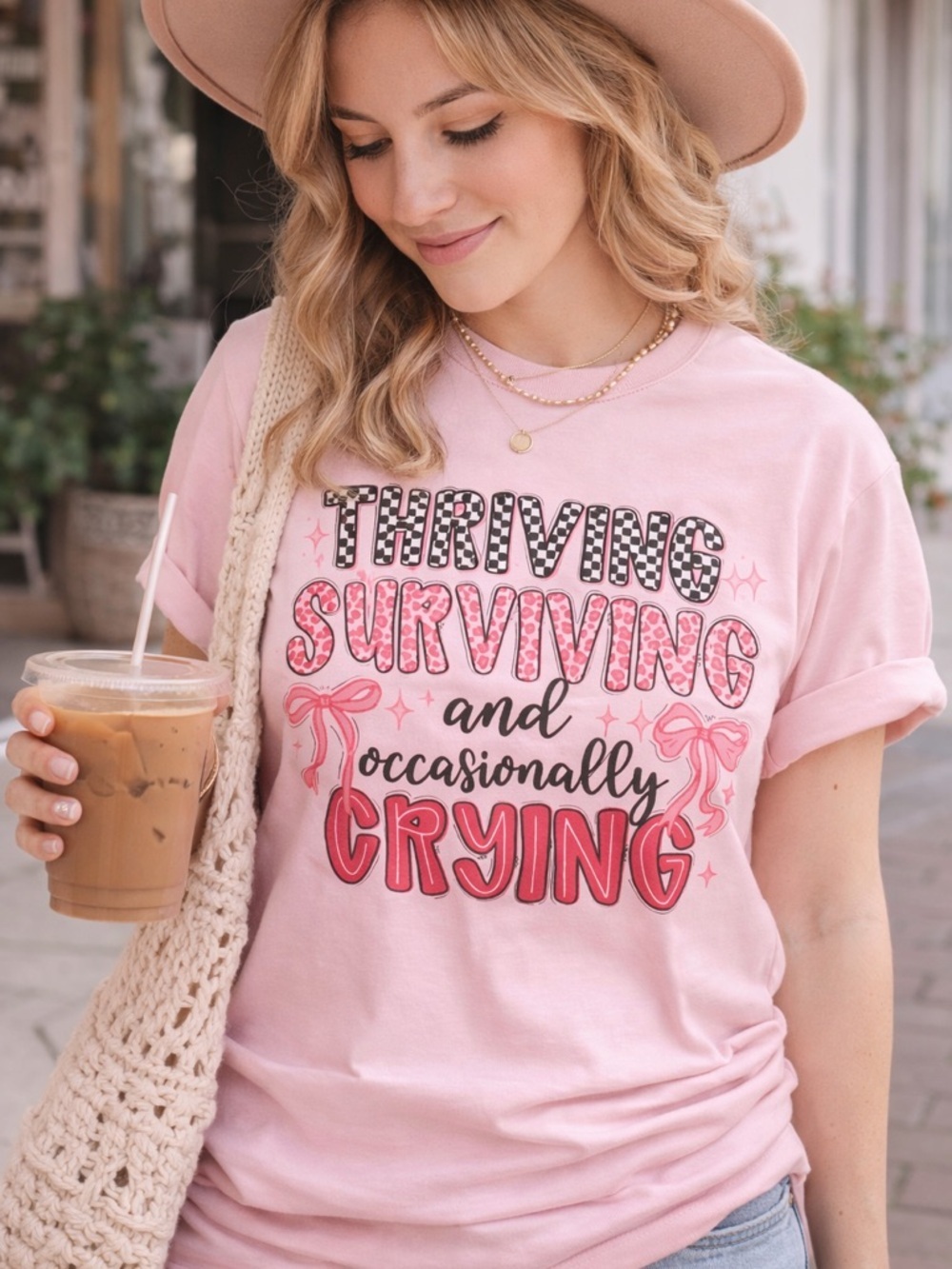 Pink Graphic Tee Size M Thriving Surviving Crying Shirt Boho Funny Trendy